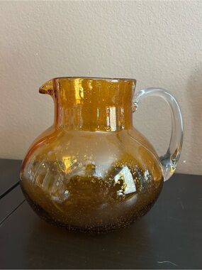 Artland Iris Hand Blown Glass Pitcher Amber Air Bubbles